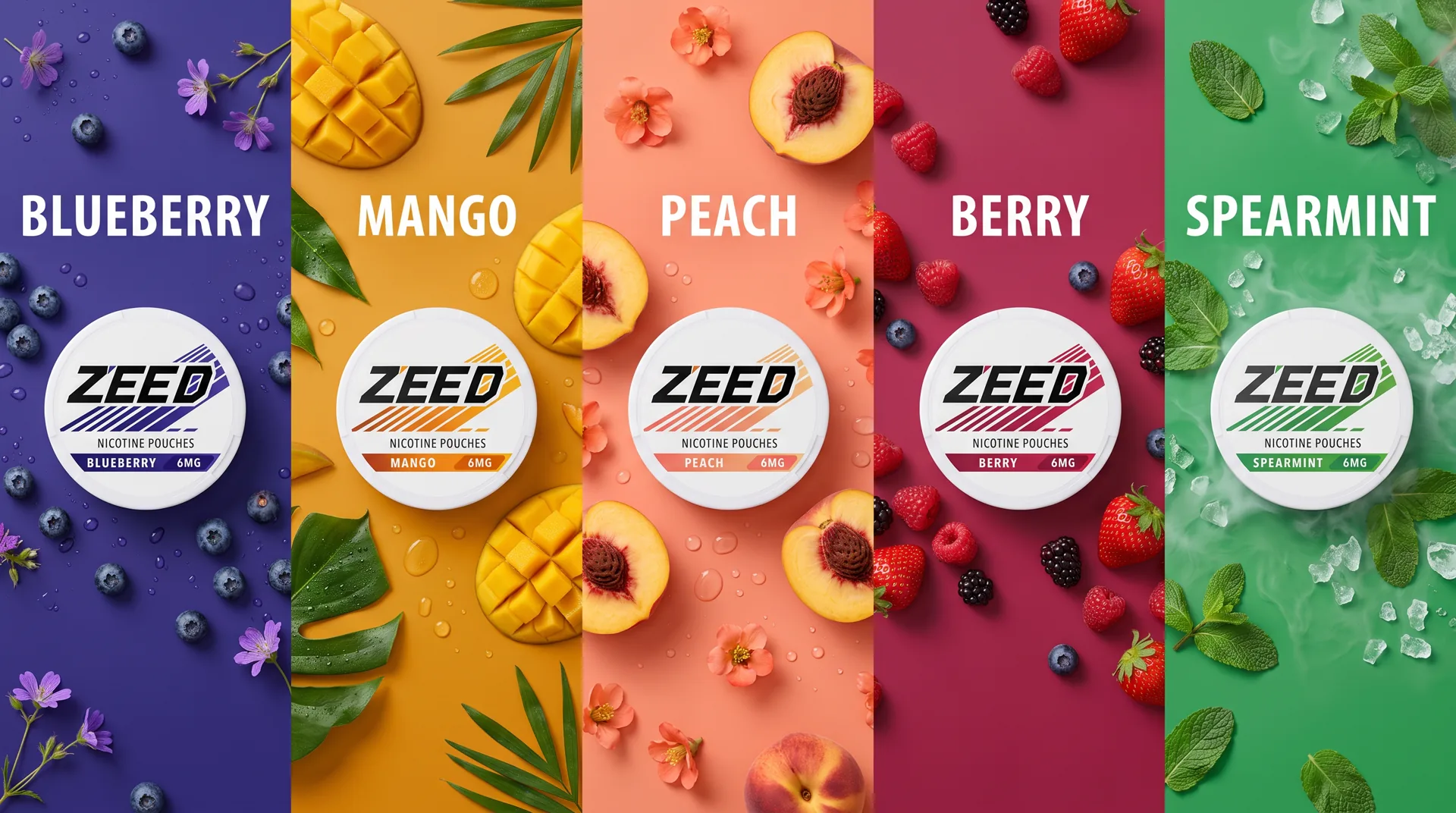 The five ZEED flavours side by side: Blueberry, Mango, Peach, Berry and Spearmint, each with its fruit